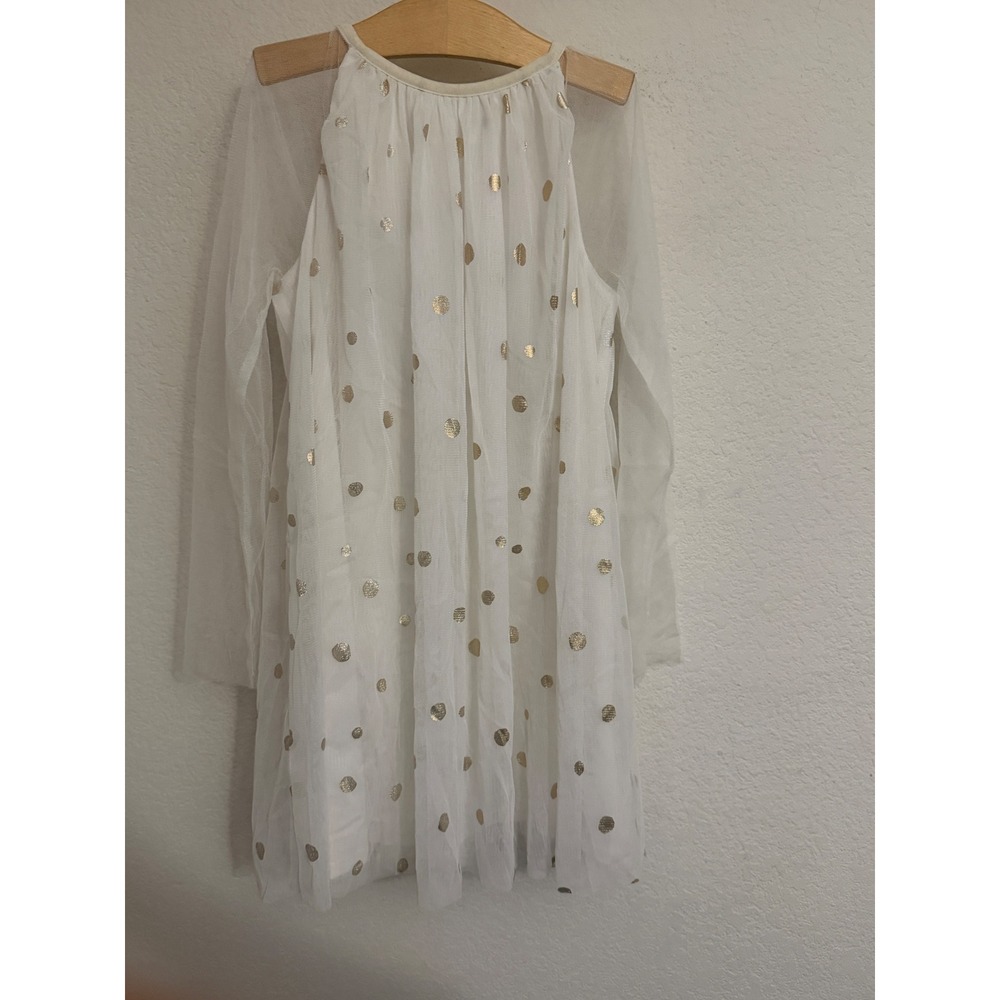 Cat & Jack Girls White Gold Metallic Polka Dot Mesh Dress Size M 7/8 Long Sleeve